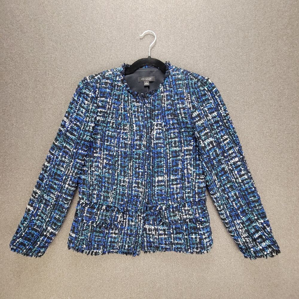 Ann Taylor Jacket Womens 0 Blue Tweed Fringe Career Classic